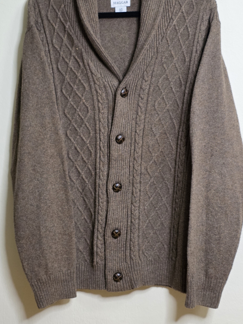 Haggar Brown Cable-Knit Shawl Collar Cardigan Sweater